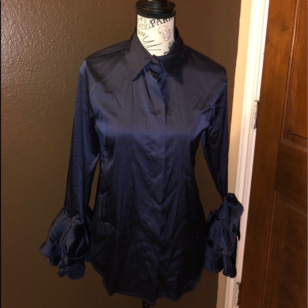 Navy blouse with ruffle tie sleeve